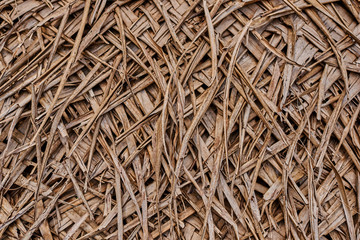 Old weathered coconut leaf roof of hut. Dried banana palm leaves background. Dried palm leaves texture. Close up organic gray palm leaves pattern background and texture. Abstract background..