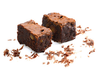 Chocolate brownie on white background.
