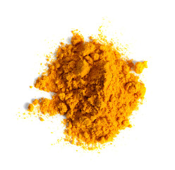 Turmeric (Curcuma) powder pile isolated on white background, top view.