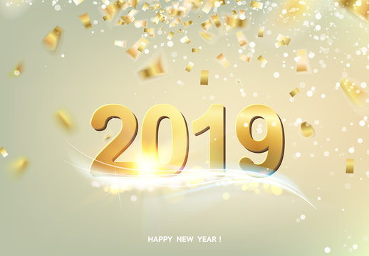 Happy new year card over gray background with golden confetti. Text sign 2019 year. Vector illustration.