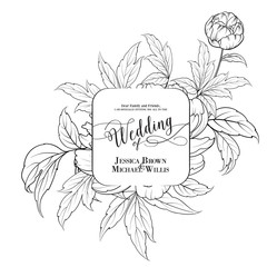Awesome vintage label of peony flowers. Wedding Card and engagement announcement. Wedding of Michael and Jessica. Vector illustration.
