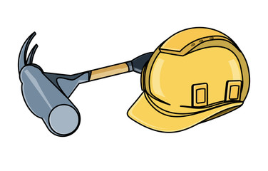 construction safety helmet and hammer over white background, vector illustration