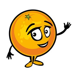 Orange cartoon smiles and waves his hand. Color flat illustration