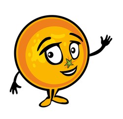 Orange cartoon smiles and waves his hand. Color flat illustration