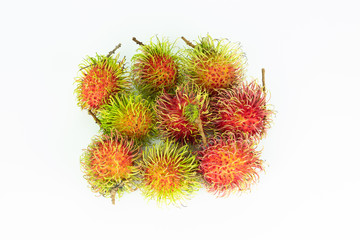 set of rambutan , red hairy skin fruit sweet and delicious , thai famous tropical fruit on white background