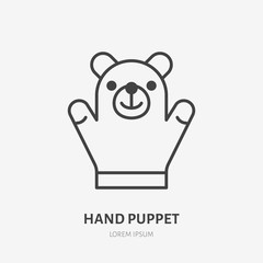 Hand puppet line icon, baby soft bear toy flat logo. Cute plush animal vector illustration. Sign for kids shop.