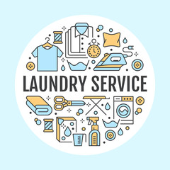 Dry cleaning, banner illustration with flat line icons. Laundry service equipment, washing machine, clothing shoe repair, garment steaming. Circle template thin linear signs launderette poster