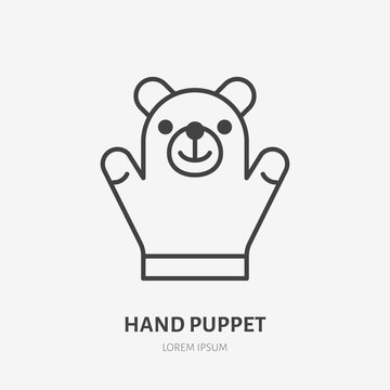 Hand Puppet Line Icon, Baby Soft Bear Toy Flat Logo. Cute Plush Animal Vector Illustration. Sign For Kids Shop.