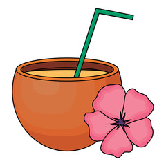 coconut cocktail and tropical flower over white background, vector illustration