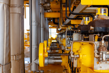 Offshore oil and Gas central processing platform and remote platform produced oil, natural gas and liquid condensate for set to onshore refinery from offshore in ocean sea background.