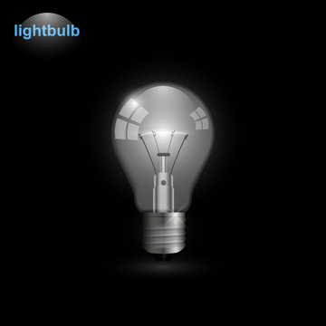 Realistic transparent lightbulb turned on. Light bulb vector illustration isolated on black background.