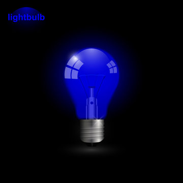 Realistic blue transparent lightbulb turned on. Light bulb vector illustration isolated on black background.