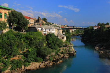 Bosnia and Herzegovina - Mostar, the landscape around the Neretva River seen from the Old Bridge.