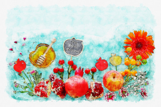 watercolor style and abstract image of Rosh hashanah (jewish New Year holiday) concept. Traditional symbols.