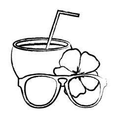 coconut cocktail with sunglasses and tropical flower over white background, vector illustration