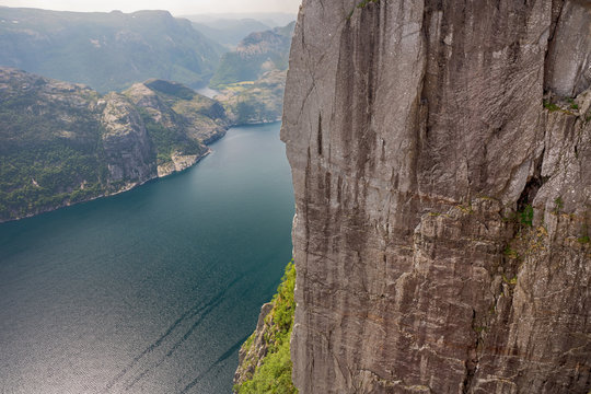The Lysefjord with remotely in the haze Lake Eida seen from the Preacher's Pulpit