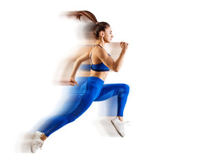 Very speed athletic caucasian woman running with trail.