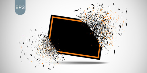 Black banner with red frame with fragments isolated on white background. Abstract black explosion with small particles. Black broken glass plate with space for your text. Vector illustration.