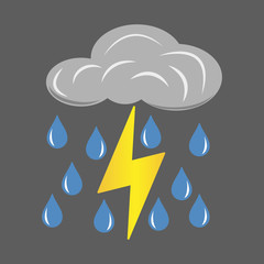 Gray cloud with lightning and rain icon. Cartoon illustration of clouds with lightning and rain vector icon for web. Application on t-shirts, bags. Isolated on a dark background.