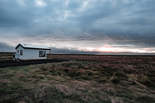 Sunrise over iceland cabin hekla mountain