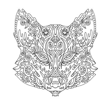 Wild beautiful fox head hand draw on a white background. Color book. Fashion in a vector illustration