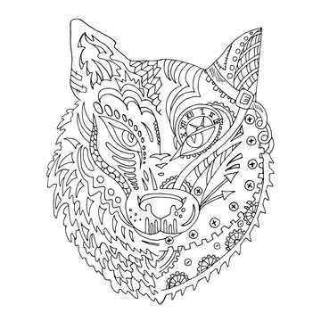 Wild beautiful wolf head hand draw on a white background. Color book. Fashion steam punk style in a vector illustration