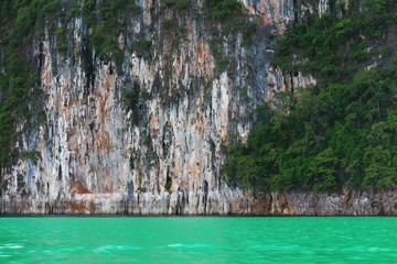 Rock cliff with trees and clear green water