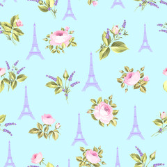 Pattern with red flowers, leaves and eiffel tower. Seamless blue background for fabric design.