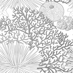 Obraz premium Sea world seamless pattern, background with fish, corals and shells on white background. Stock vector illustration. In monochrome gray colors