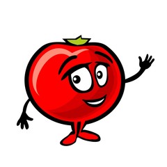 tomato cartoon smiles and waves his hand. Color flat illustration