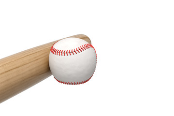 3d rendering of a white baseball with red stitching being pushed or leaning on a wooden bat on white background.