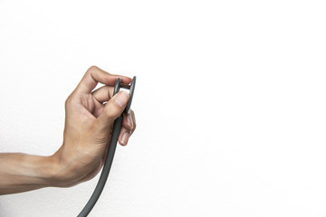 hand holding stethoscope isolate on white background for insurance business concept