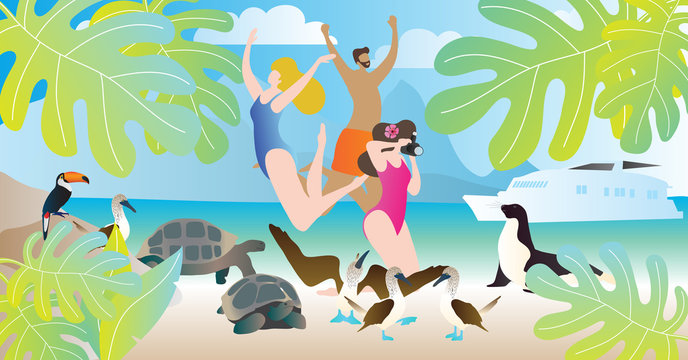 Galapagos Islands Tours Vector Illustration. Happy People Enjoy Vacation In Ocean Or Sea Beach With Wildlife. Yacht Or Ship Cruise To Exotic Turtles, Birds And Seal.