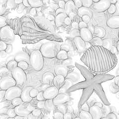 Sea world seamless pattern, background with fish, corals and shells on white background. Stock vector illustration. In monochrome gray colors