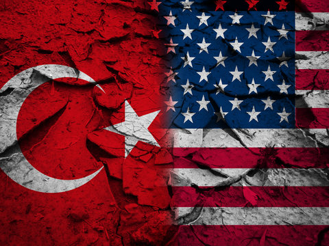 Sanction or conflict concept, USA flag against Turkey flag, on dry cracked earth background