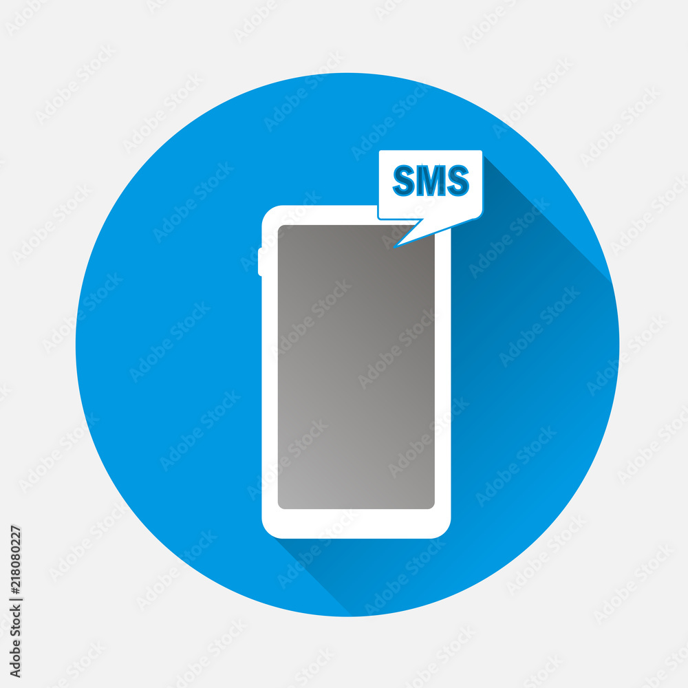 Poster vector image mobile phone, smartphone on blue background. flat image phone and sms icon with long sh