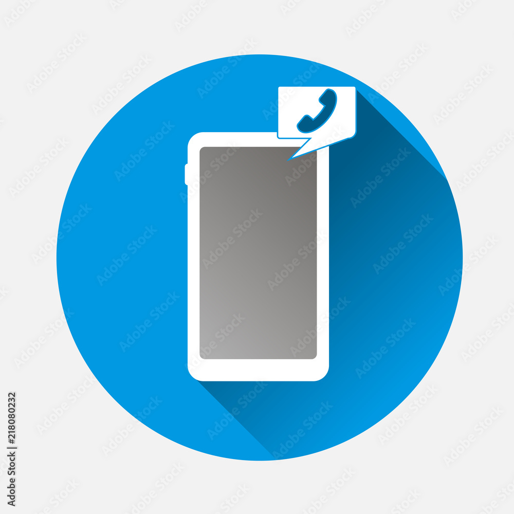 Poster vector image mobile phone, smartphone on blue background. flat image phone and handset with long sha