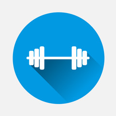 Vector image dumbbells on blue background. Flat image dumbbells icon with long shadow. Layers grouped for easy editing illustration. For your design.