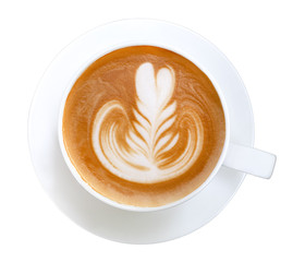 Top view of hot coffee cappuccino latte art in ceramic cup isolated on white background, clipping path included