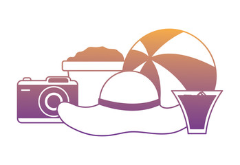 beach hat with photographic camera and cocktail over white background, vector illustration