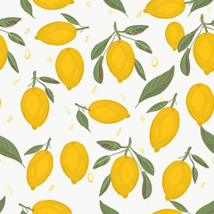 Fresh lemons background. Hand drawn overlapping backdrop. Colorful wallpaper vector. Seamless pattern with citrus fruits collection. Decorative illustration, good for printing