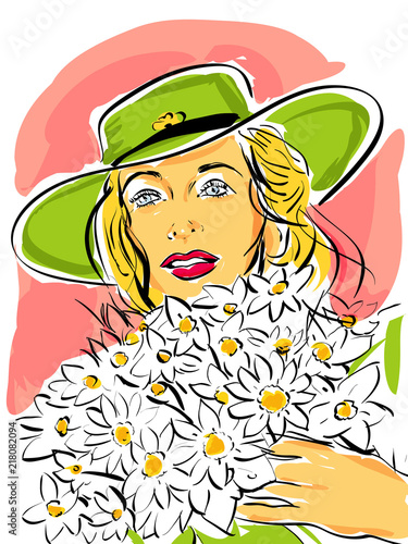 Croquis Couleur Portrait Femme Avec Un Chapeau Couleur Vert