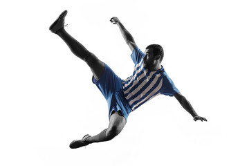 Professional football soccer player in action or movement isolated on white studio background