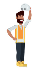 construction worker with safety vest and helmet over white background, vector illustration