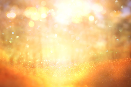 blurred abstract photo of light burst among trees and glitter golden bokeh lights.