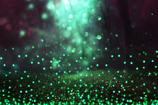 Abstract and magical image of glitter Firefly flying in the night forest. Fairy tale concept.