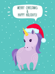 Hand drawn illustration of cute violet unicorn in Santa's hat. Vector Christmas cartoon postcard. Winter background with snow and text: Merry Christmas and happy holidays!