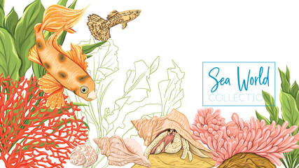Sea card with gold fish, corals and shells. Good for greeting card, invitation. Template with place for text. Stock, vector, illustration.