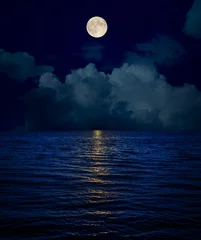 Foto op Plexiglas volle maan over wolken en donker water met reflecties © Mykola Mazuryk