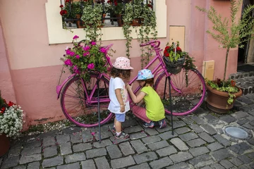 Selbstklebende Fototapeten Two small children look at a bicycle of pink color decorated with flowers of geranium © Mauritius71